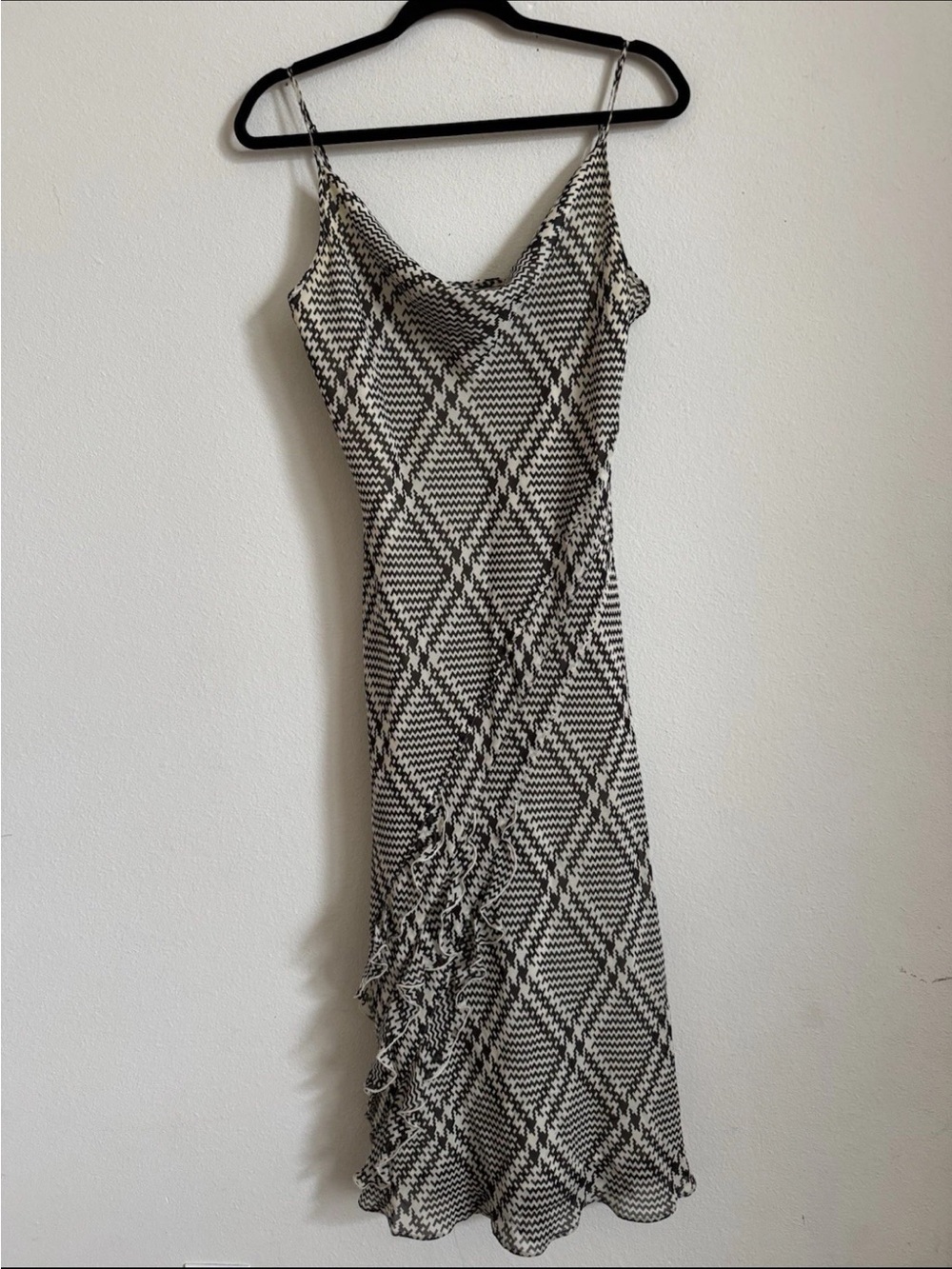 Vintage Y2K Express Brown Plaid Cowl Neck Ruffle Midi Dress Size L 13/14